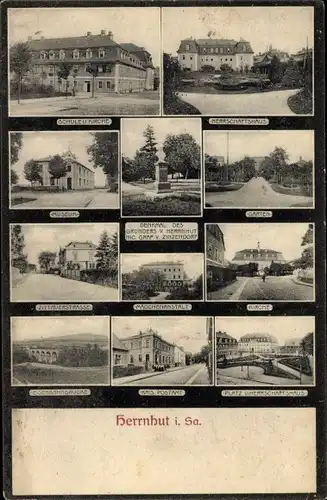Ak Herrnhut in Sachsen, Schule, Kirche, Herrschaftshaus, Museum, Mädchenanstalt, Postamt