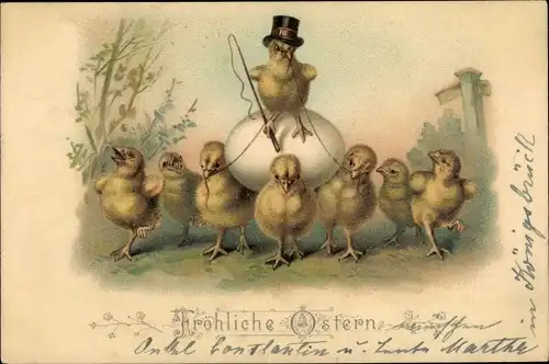 Litho Glückwunsch Ostern, Küken tragen Ei und weiteres Küken mit Peitsche und Zylinder