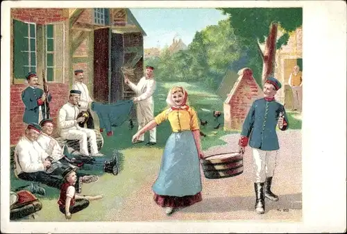 Künstler Ak Soldat hilft einer Frau den Waschbottich zu tragen, Soldatenleben