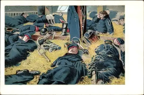 Künstler Ak Soldaten schlafen im Heu, Soldatenleben
