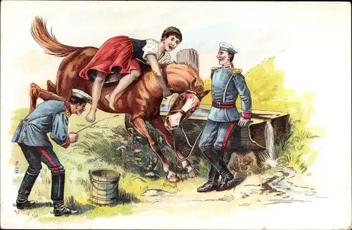 Künstler Ak Frau auf einem bockigem Pferd, Soldatenleben