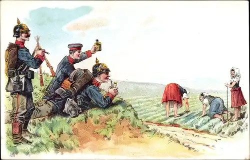 Künstler Ak Soldaten beobachten Frauen bei der Feldarbeit, Soldatenleben