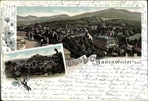 Litho Badenweiler im Schwarzwald, Totalansicht der Ortschaft