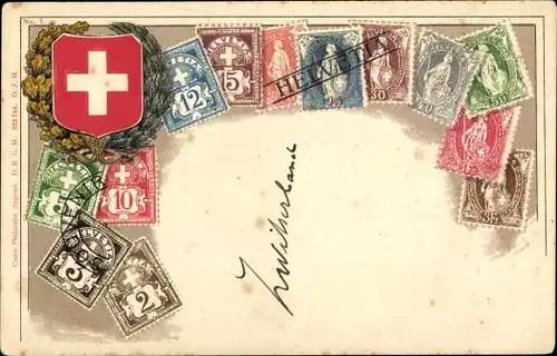 Präge Briefmarken Wappen Litho Schweiz, Helvetia