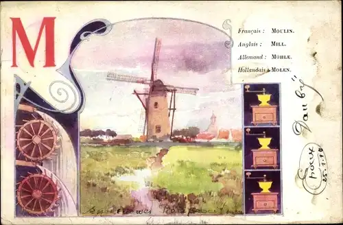 Jugendstil Buchstaben Künstler Ak Titz, Louis, M, Windmühle, Kaffeemühle, Moulin