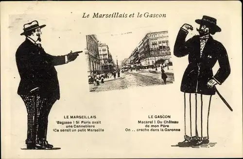 Ak Marseille Bouches du Rhône, Le Marseillais et le Gascon, Straßenpartie