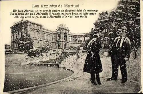 Ak Marseille Bouches du Rhône, Les Exploits de Marius, Schneefall, Marius de Marseille