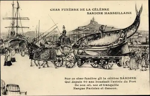 Ak Marseille Bouches du Rhône, Char Funebre de la Celebre Sardine Marseillaise