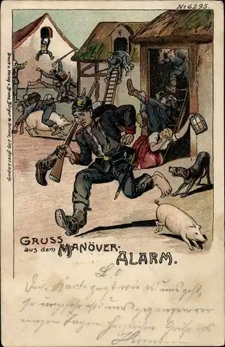 Litho Alarm, Deutsche Soldaten plündern Schweinestall, Gruß aus dem Manöver