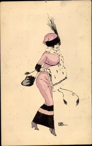 Künstler Ak Frau in rosa Kleid mit Hut und Muff, Handtasche