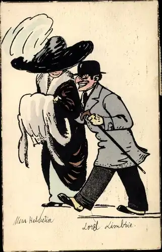 Künstler Ak Frau mit großem Hut und Muff, Mann mit Gehstock und Mantel