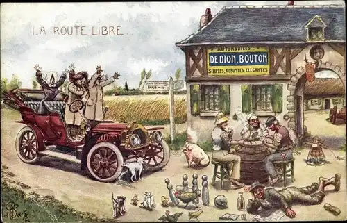 Künstler Ak La Route Libre, Automobiles de Dion Bouton Werbung, Kartenspiel, Keglen