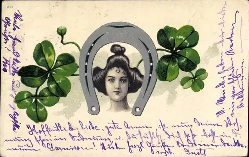 Jugendstil Litho Frauenportrait, Kleeblätter, Hufeisen