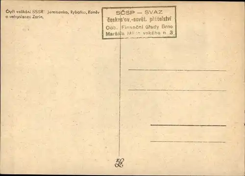 Ak Čtyři velikáni SSSR Jeremenko Rybalko Koněv a velvyslanec Zorin, Geschichte Tschechien