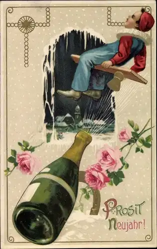 Winter Präge Litho Glückwunsch Neujahr, Clown, entkorkte Sektflasche, Rosenblüten, Hufeisen