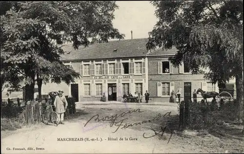 Ak Marchezais Eure et Loir, Hotel de la Gare, Cafe Au Bel Air