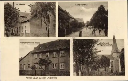 Ak Klein Döhren Liebenburg am Harz, Kirche, Geschäftshaus, Molkerei, Kriegerdenkmal