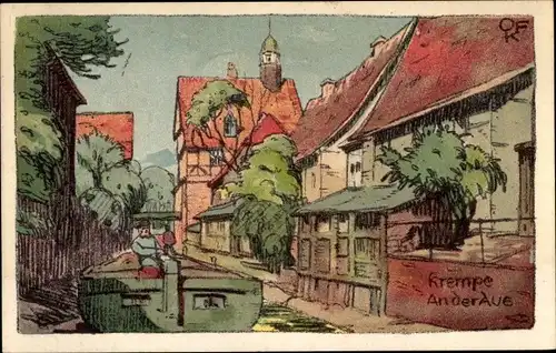 Steindruck Ak Krempe in Holstein, An der Aue, Kahn, Ort