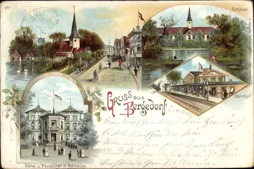 Litho  Hamburg Bergedorf, Schloss, Bahnhof Gleisseite, Pensionat, Promenade