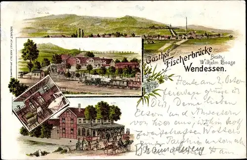 Litho k Wendessen Wolfenbüttel in Niedersachsen, Gasthof zur Fischerbrücke, Bahnhof, Gleisseite