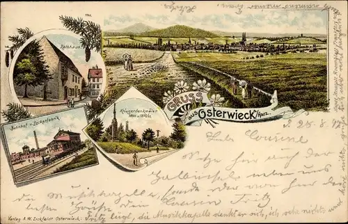 Litho Osterwieck am Harz, Bahnhof, Gleisseite, Zuckerfabrik, Rathaus, Kriegerdenkmäler, Totale