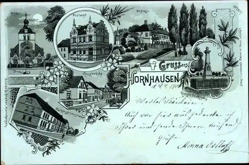 Mondschein Litho Hornhausen Oschersleben an der Bode, Kirche, Postamt, Schloss, Kriegerdenkmal