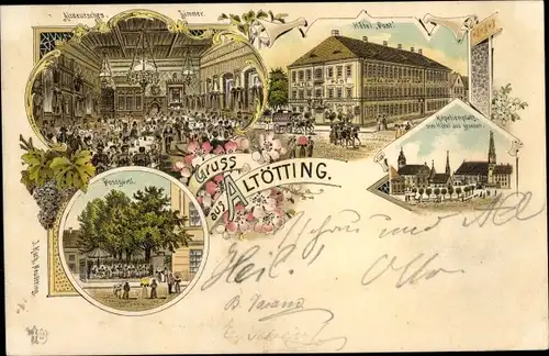 Litho Altötting in Oberbayern, Hotel Post, Kapellenplatz, Postgartl
