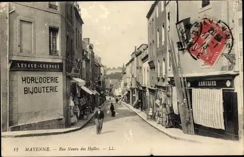 Ak Mayenne commune, Rue Neuve des Halles, Horlogerrie Lesage Guenoux