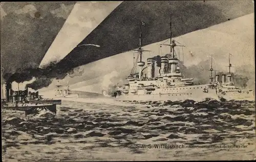 Ak Deutsches Kriegsschiff, SMS Wittelsbach, Linienschiff, Nachtmanöver mit Scheinwerfer