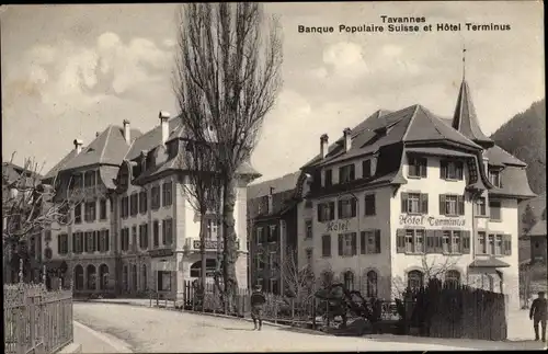 Ak Tavannes Kanton Bern, Banque Populaire Suisse et Hotel Terminus