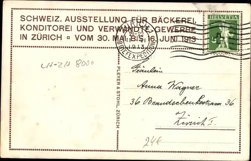 Ak Zürich Stadt Schweiz, Schweiz. Ausstellung f. Bäckerei Conditorei Gewerbe 1913