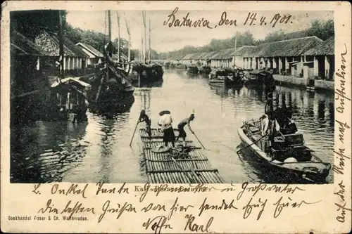 Ak Batavia Jakarta Java Indonesien, Häuser am Wasser, Boot