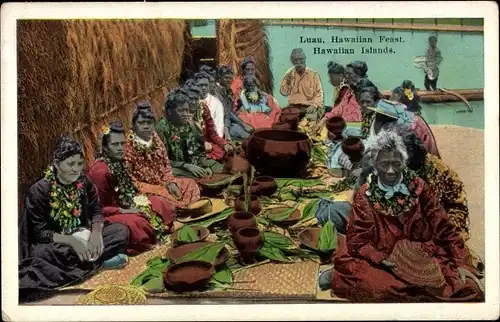 Ak Hawaii USA, Luau, Traditionelles Fest, Dorfansicht