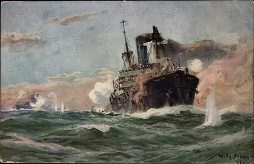 Künstler Ak Stöwer, Willy, Deutsches U Boot im Gefecht mit einem Handelsdampfer im Sperrgebiet