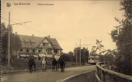Ak Spa Wallonien Lüttich, Balmoral, L'Hôtel Restaurant, Straßenbahn, Reiter