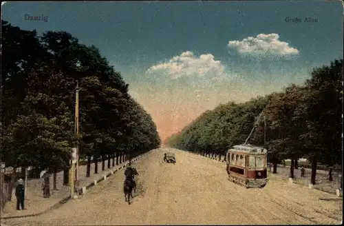 Ak Gdańsk Danzig, Große Allee, Straßenbahn