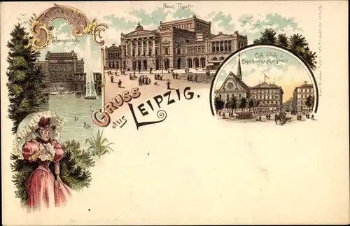 Litho Leipzig in Sachsen, Schwanenteich, Neues Theater, Cafe Felsche, Grimmaische Straße