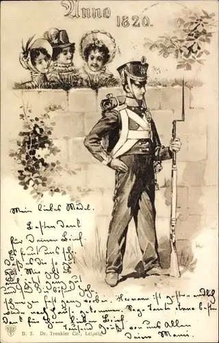 Künstler Ak Soldat, Drei junge Damen, Anno 1820