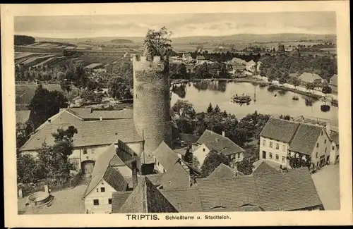 Ak Triptis in Thüringen, Schlossturm mit Stadtteich