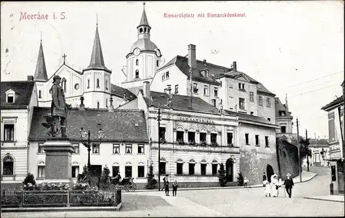 Ak Meerane in Sachsen, Bismarckplatz mit Bismarckdenkmal, Zum Gambrinus