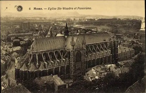 Ak Mons Wallonien Hennegau, Eglise Ste-Waudru et Panorama