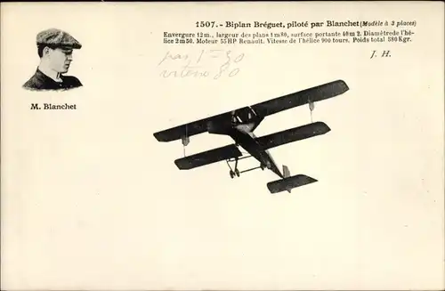 Ak Biplan Breguet, pilote par Blanchet, Flugpionier