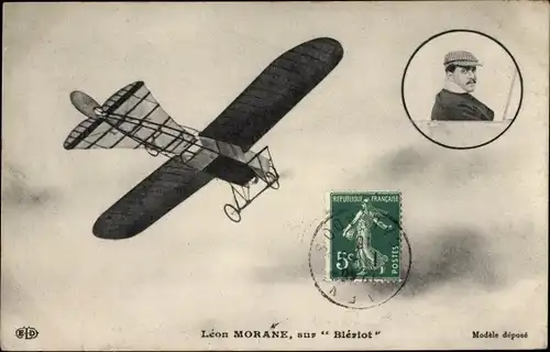 Ak Leon Morane sur Monoplan Blériot, Pilot, Flugpionier