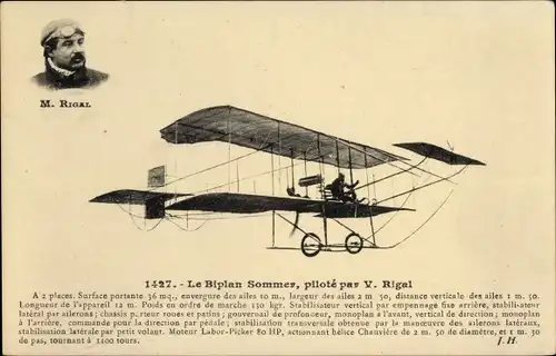Ak Biplan Sommer, pilote par V. Rigal, Flugpionier