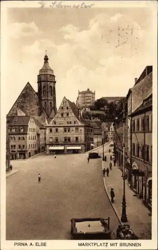 Ak Pirna an der Elbe, Marktplatz mit Brunnen