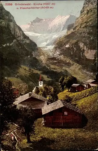 Ak Grindelwald Kanton Bern, Kirche und Viescherhörner