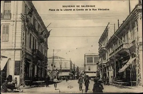 Ak Thessaloniki Griechenland, Place de la Liberté et Entrée de la Rue Vénizelos