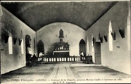 Ak Linzolo Franz. Kongo, Chapelle, Interieur, premiere Mission fondee par le R. P. Augouard