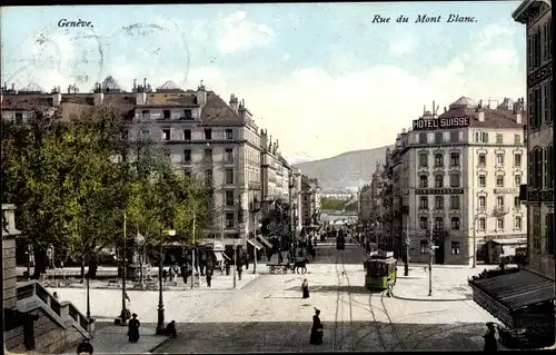 Ak Genève Genf Stadt, Blick in die Rue du Mont Blanc, Straßenbahn, Passanten