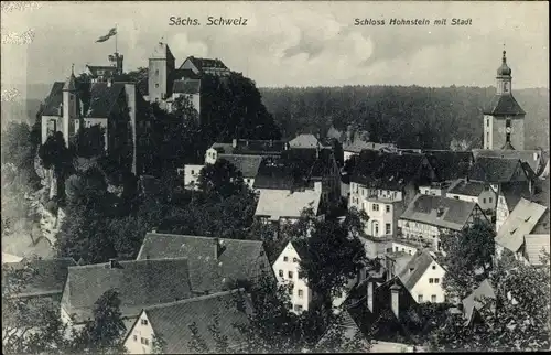 Ak Hohnstein Sächsische Schweiz, Schloss mit Stadt
